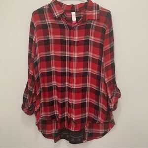 No Boundaries Red Plaid Lace Blouse Size M (7-9)